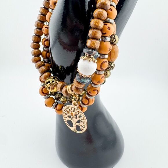 Boho Wood Bead Stretch Bracelet Set Tree of Life Charm Rustic Earthy Stackable - Picture 4 of 10